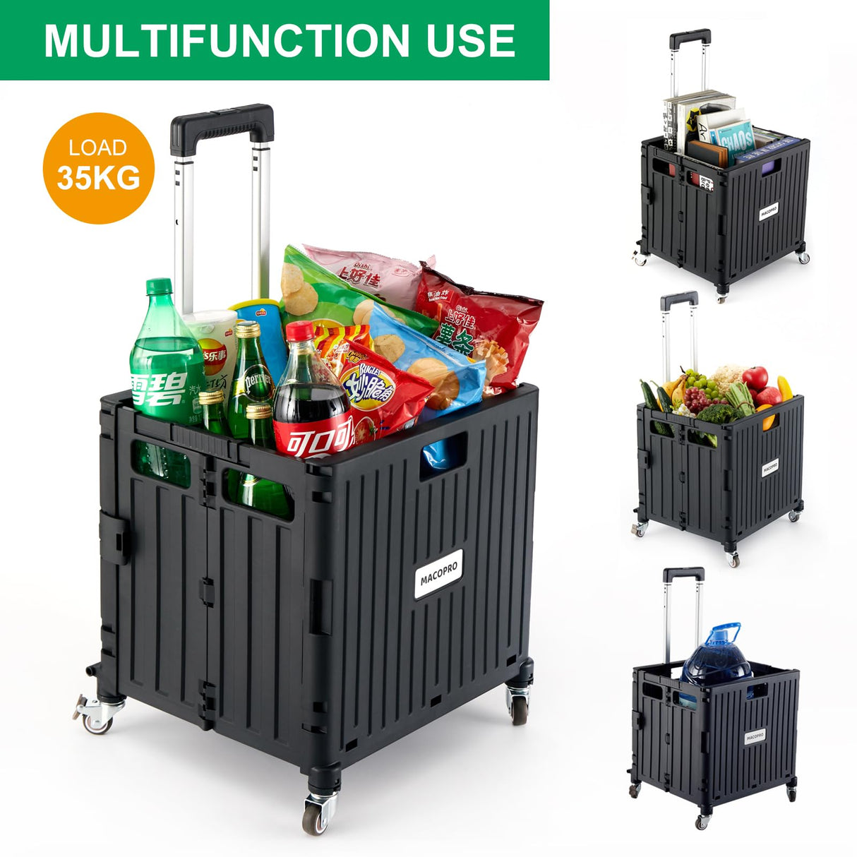 MACOPRO Folding Utility Cart Portable Rolling Crate Handcart Shopping Trolley Collapsible Tool Box, with Lid, Basket on 4 Rotate Wheels, for Grocery, Office, Luggage, Teacher (Black) MACOPRO