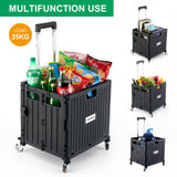 MACOPRO Folding Utility Cart Portable Rolling Crate Handcart Shopping Trolley Collapsible Tool Box, with Lid, Basket on 4 Rotate Wheels, for Grocery, Office, Luggage, Teacher (Black) MACOPRO