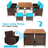 COSTWAY 9PCS Patio Rattan Dining Set Cushioned Chairs Ottoman Wood Table Top Turquoise COSTWAY
