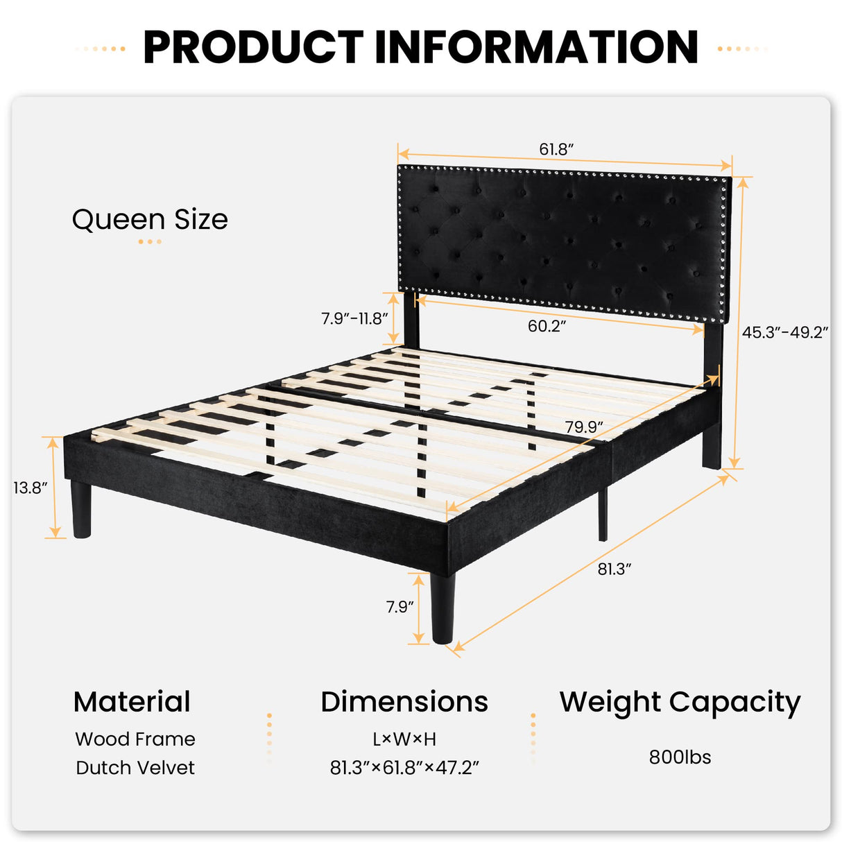 SHA CERLIN Queen Size Velvet Bed Frame with Adjustable Headboard, Diamond Button Tufted and Rivet Decor, No Box Spring Needed, Black SHA CERLIN