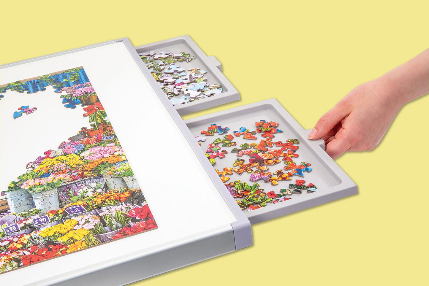 Bits and Pieces - 1000 Piece Puzzle Board with Drawers - Standard Pro Plateau - Lightweight Tabletop Deluxe Jigsaw Puzzle Organizer and Puzzle Storage System - WoodArtSupply