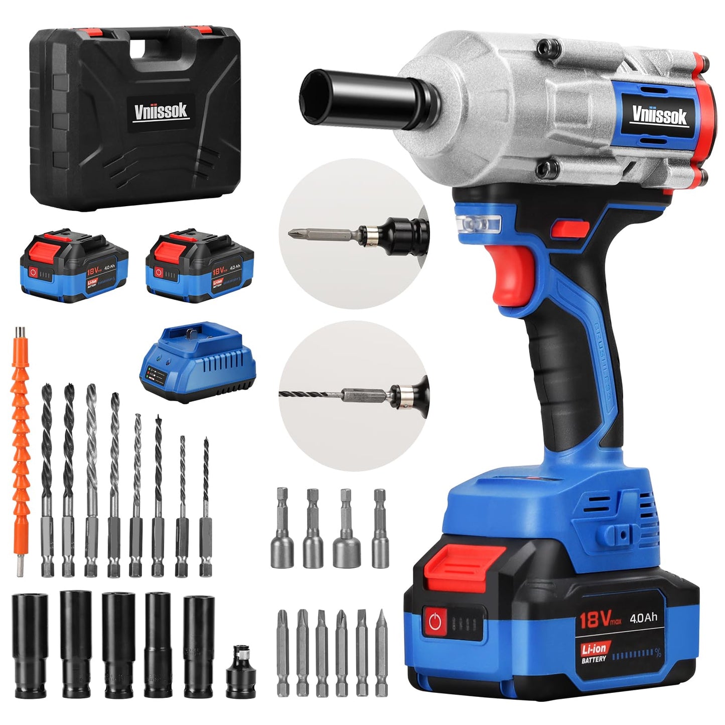 Vniissok Cordless Impact Wrench, 1000N.m(740ft-lbs) High Torque Brushless Impact Gun with 2 x 4.0Ah Batteries, Electric Impact Driver for Car Tires Truck Mower - WoodArtSupply