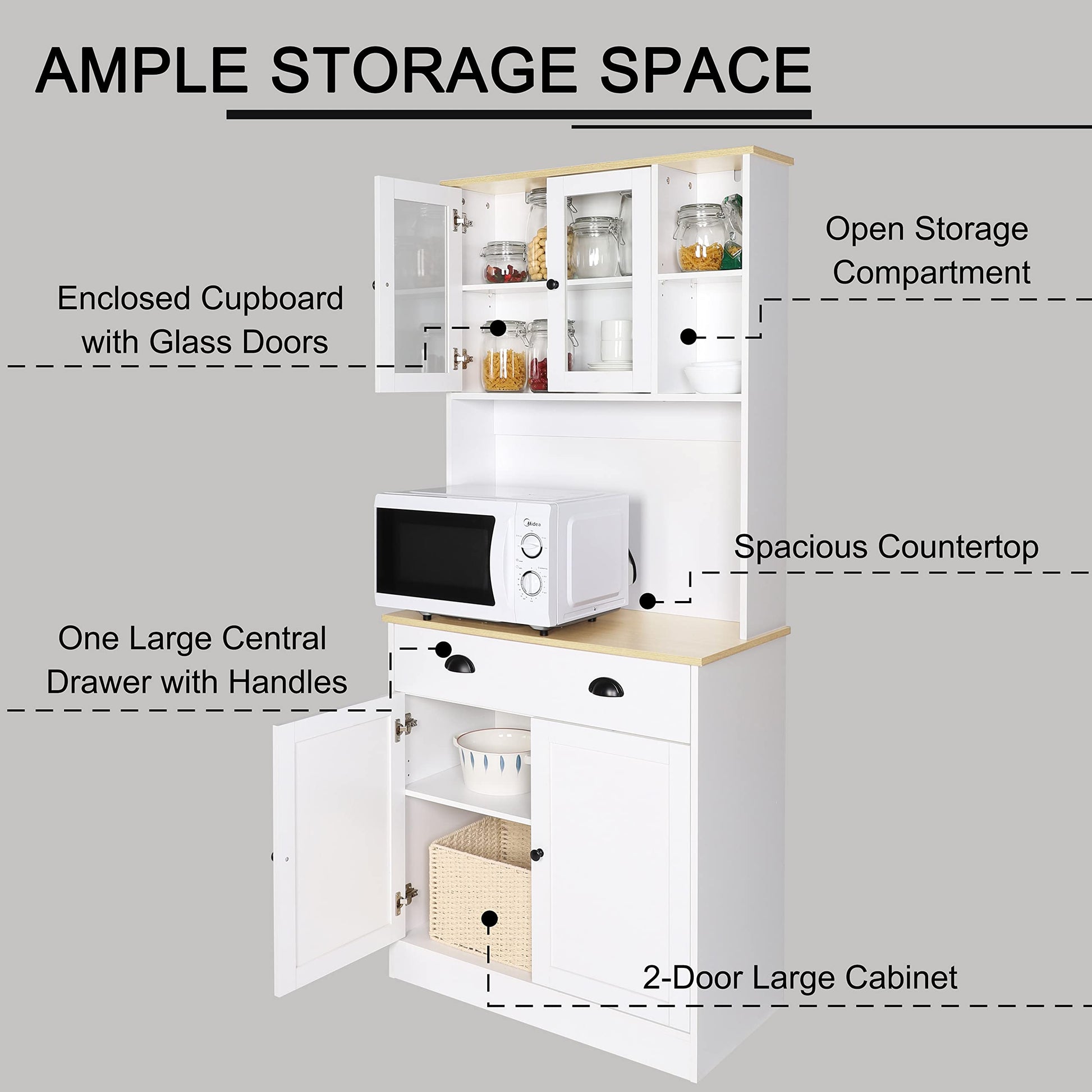 VEIKOU 72" Kitchen Pantry Cabinet with Microwave Cabinet, Kitchen Storage Cabinets w/Glass Doors & Adjustable Shelves, Freestanding Kitchen Hutch with Upgraded Metal Hinges, White - WoodArtSupply