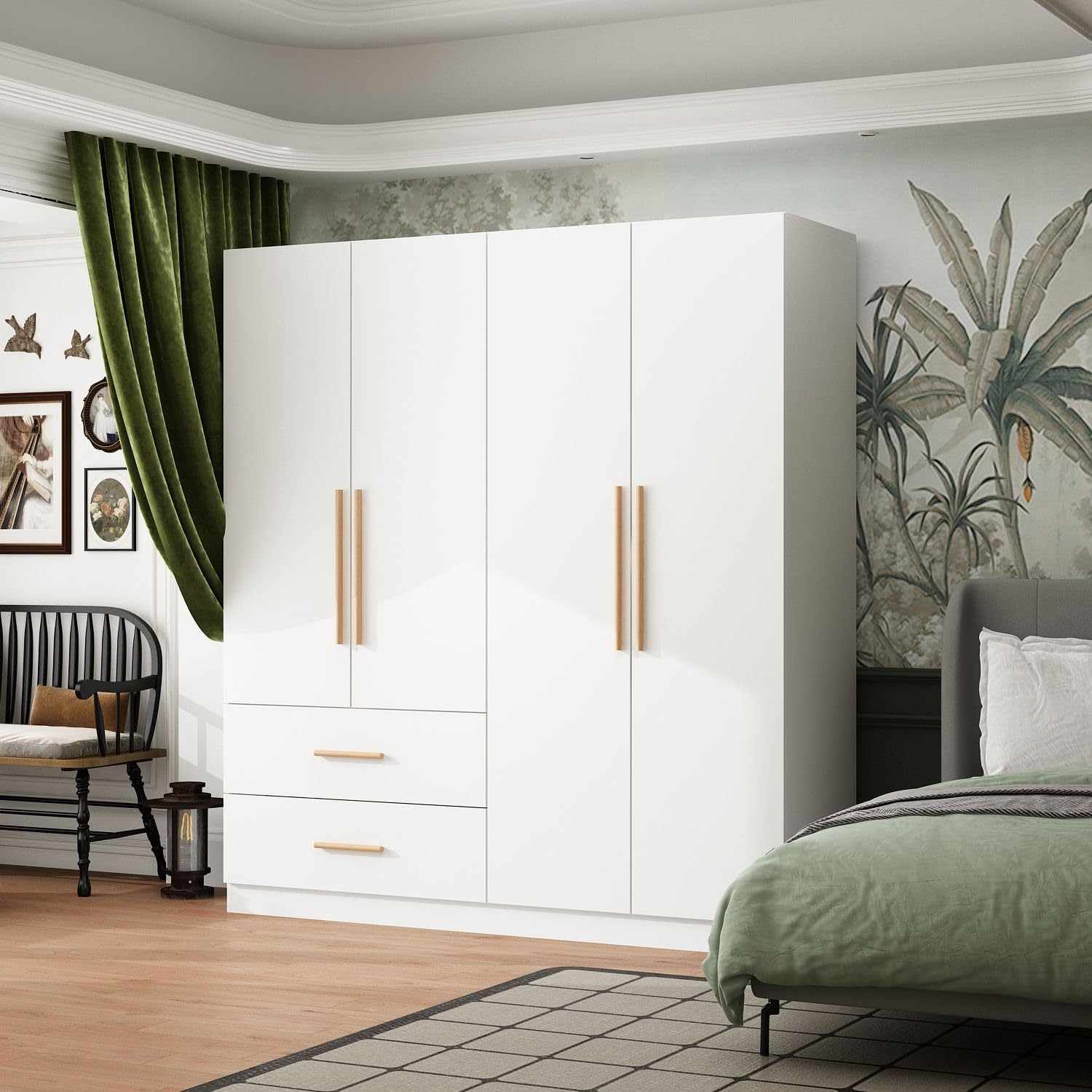 FAMAPY 4 Door Wardrobe with Drawers and Shelevs, Armoires Wardrobe Closet with Hanging Rod, Armoires and Wardrobes for Bedroom White (63”W x 20.7”D x 69.7”H) - WoodArtSupply