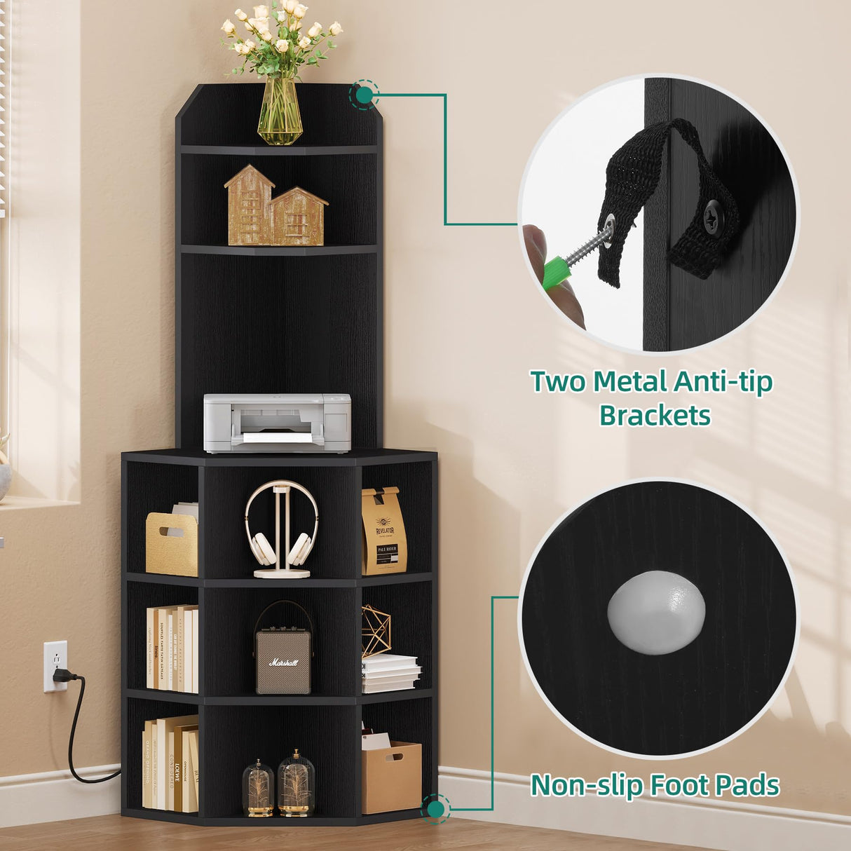 YITAHOME Corner Shelf with USB Ports & Outlets, Industrial Corner Storage Cabinet Rack Charging Station, Wooden Display Bookshelf Bookcase for Living Room, Bedroom, Dining Room, Kitchen, Black YITAHOME