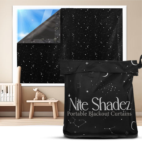 Portable Blackout Curtains (60" x 80") - Travel Blackout Curtains for Baby Nursery w/Stars - Portable Blackout Shades w/UV & Thermal Protection - 20 Stick on Suctions & Velcro Blackout Window Cover Nite Shadez