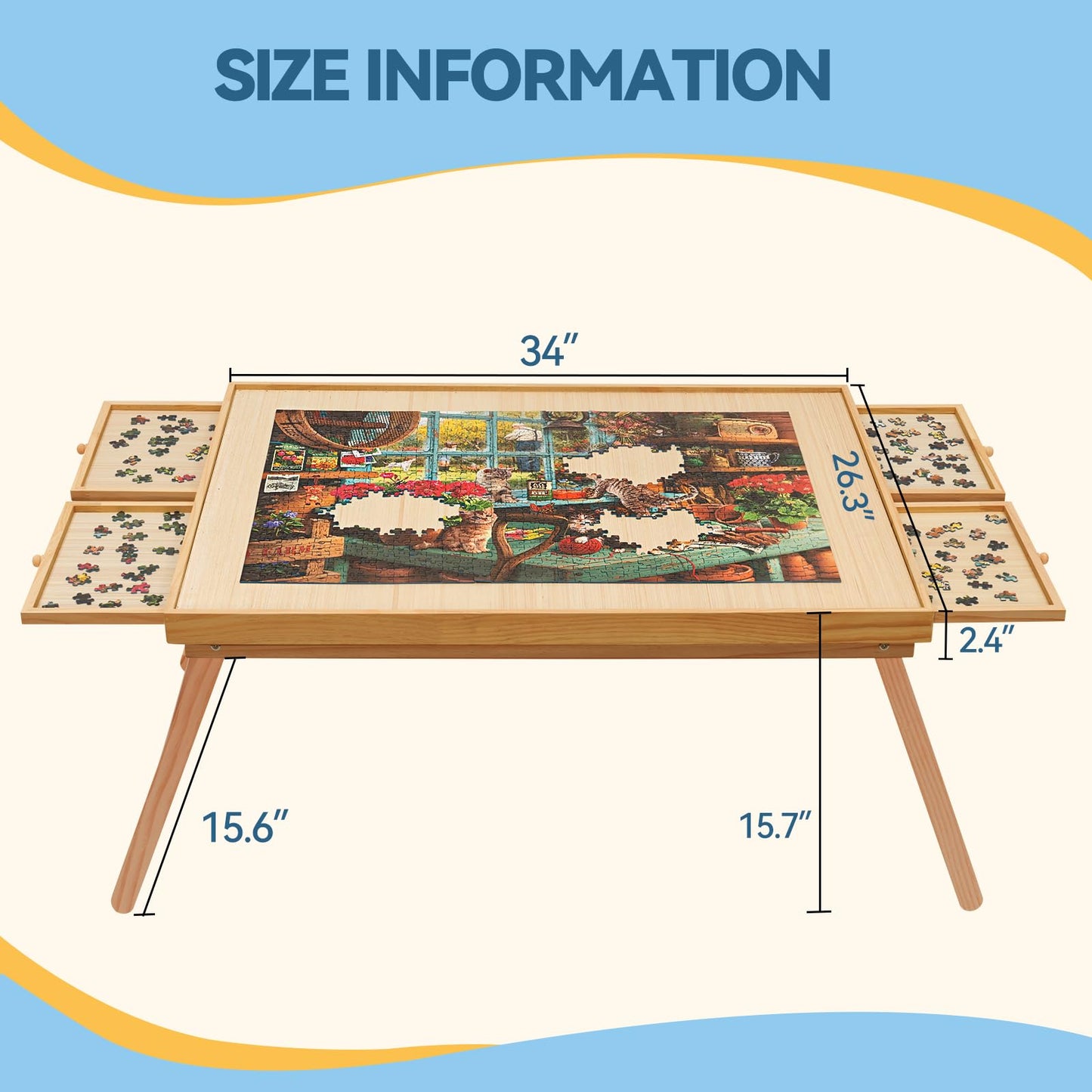 HALLYBEE Wooden Puzzle Board with Foldable Legs- Folding Puzzle Table with 4 Drawers & Cover for Adults, 34 "x 26" Portable Puzzle Table for 1500 Pieces Puzzle Storage and Sorting - WoodArtSupply