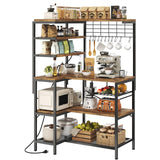 iabifo L-Shaped Bakers Rack with Power Outlet, 6-Tier Microwave Stand with Open Storage, Coffee Bar with Hooks, Mesh Grid, Kitchen Shelf with Wire Basket, Rustic Brown and Black iabifo