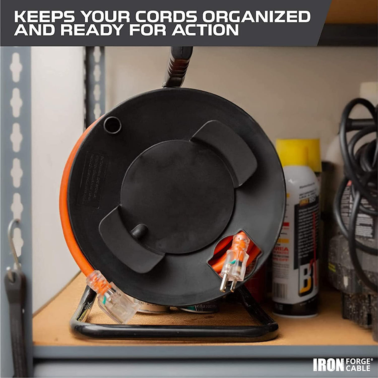 IRON FORGE CABLE Extension Cord Storage Reel with Metal Stand, Black - Portable Cable Reel, Holds Up to 100 Ft of Electrical Cord, Hose, or Rope IRON FORGE CABLE