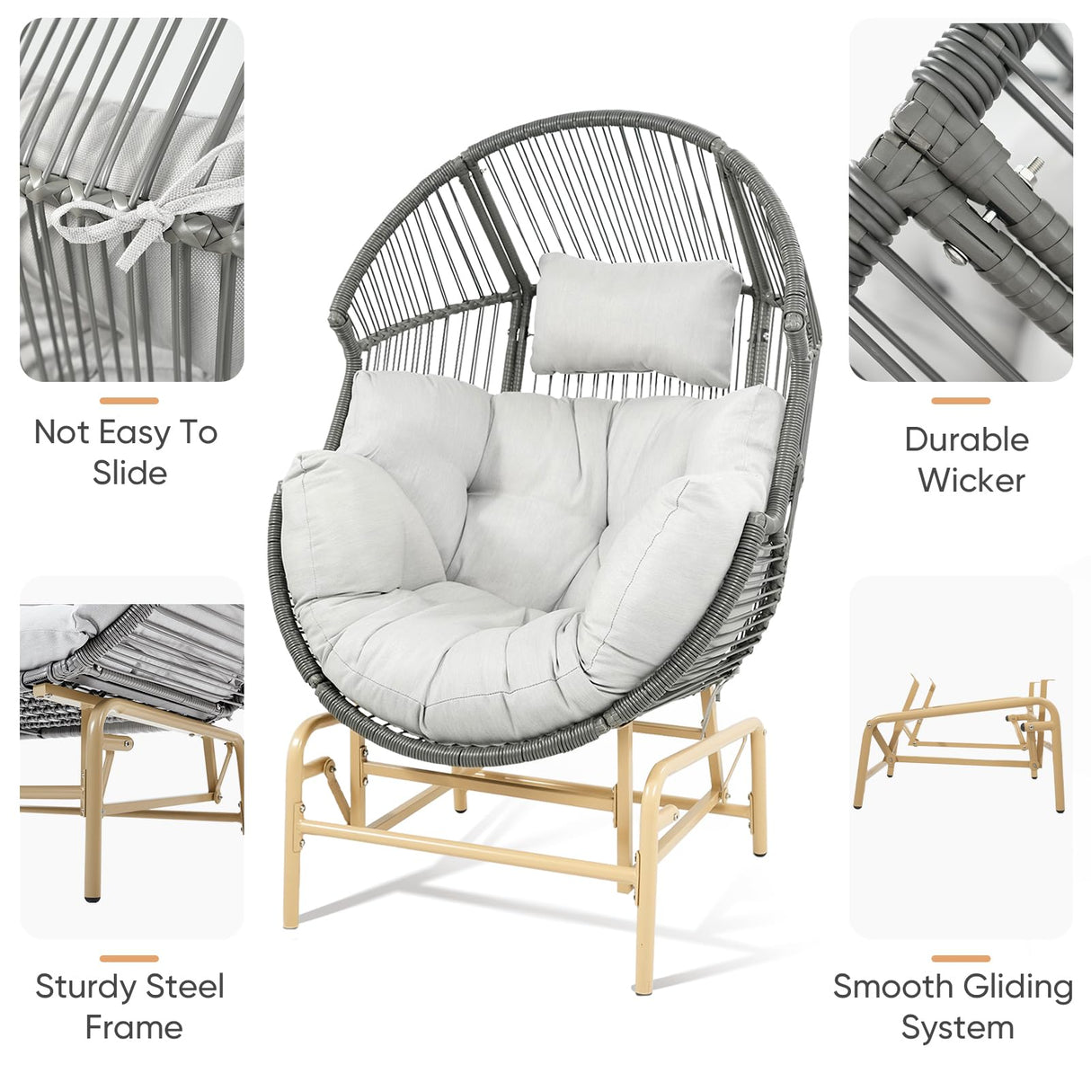 Patio Chairs Outdoor Egg Chair - Rattan Patio Lounge Rocker Chairs 4 Piece Wicker Rocking Glider Chair Set with 2 Glider Egg Chairs and 2 Ottoman for Outside Porch Deck Backyard Garden(Grey/Gery) Pugire