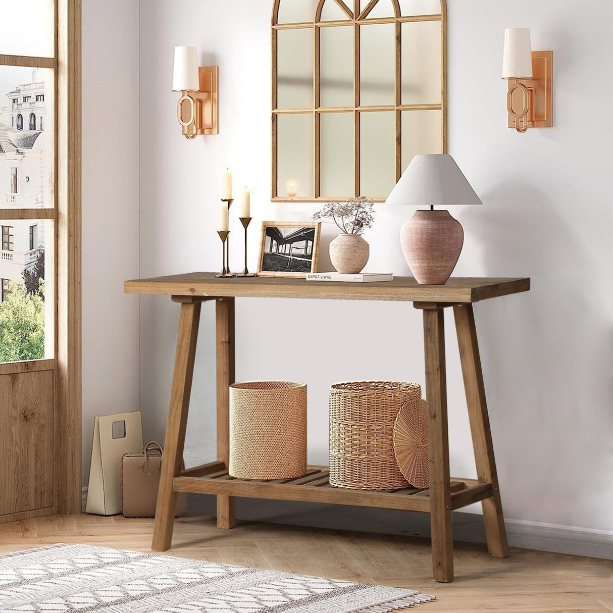 HOKYHOKY Reclaimed Solid Wood Console Table, 43.3" Farmhouse Entryway Table, Narrow Couch Tables Behind Sofa, 2 Tiers Accent Tables for Hallway, Entrance, Foyer, Living Room HOKYHOKY