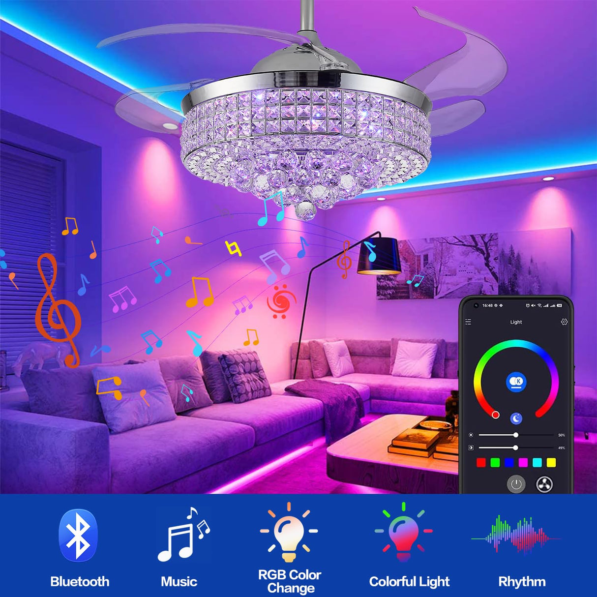 Zynfandor 48" Bluetooth Ceiling Fan with Light and Speaker,RGB Retractable Blades Crystal Fandelier Music Player LED Chandelier 6-Speed APP Control Timer Remote Control for Bedroom Silver Zynfandor