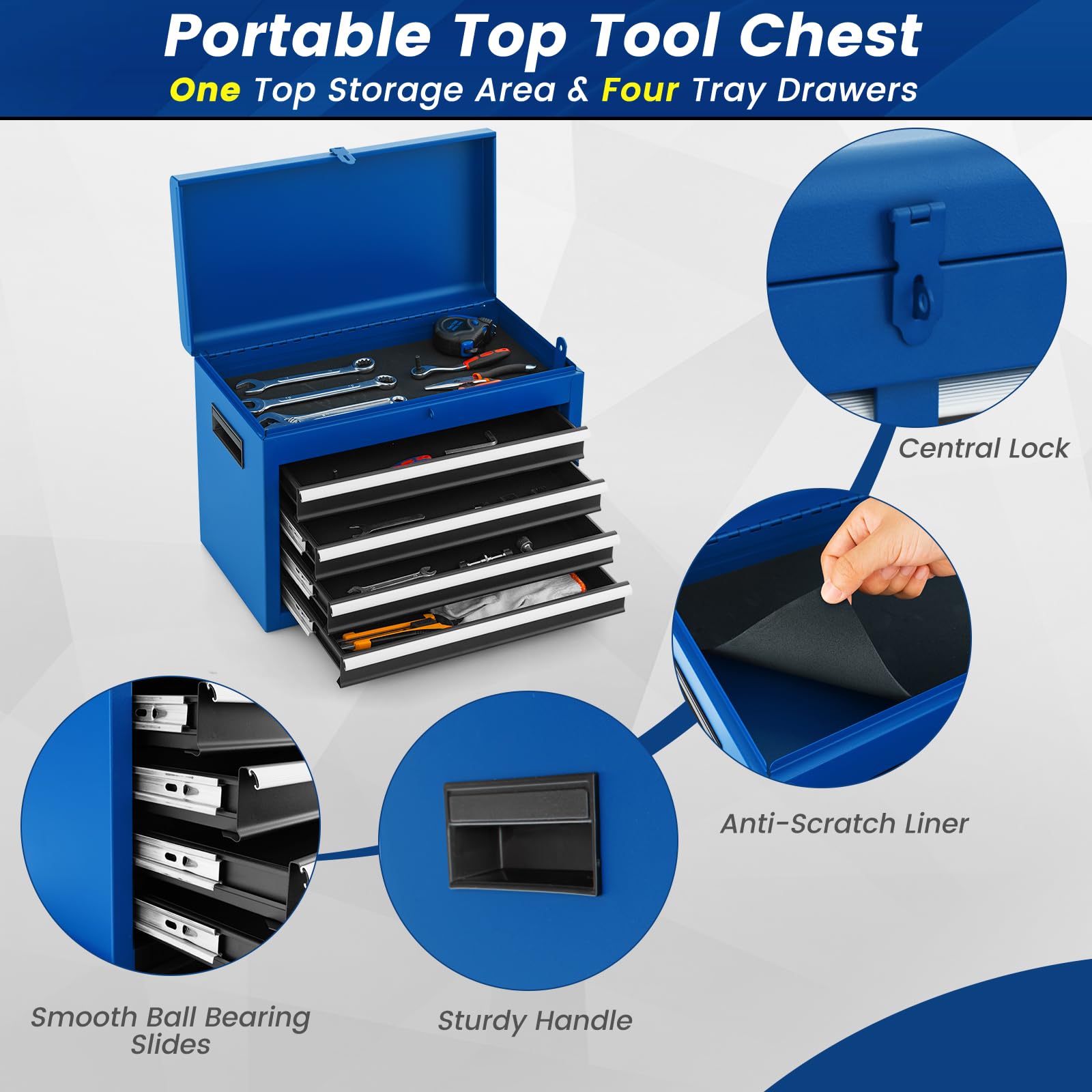 ERGOMASTER Tool Chest Heavy Duty Rolling Tool Cabinet 5-Drawer for Lockable Tool-Box & Removable Cabinet for Garage and Workshop - Blue - WoodArtSupply