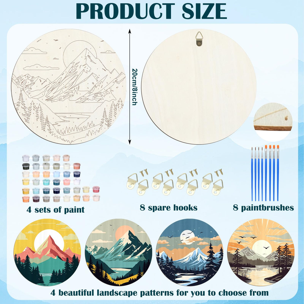 Faccito 4 Pack Wooden Landscape Paint by Numbers Kit for Adults Beginners 8 Inch Unfinished Round Wood Board Acrylic Paint Nylon Brush Hook Distant Mountains Sunset Lake DIY Crafts for Home Wall Decor Faccito