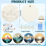 Faccito 4 Pack Wooden Landscape Paint by Numbers Kit for Adults Beginners 8 Inch Unfinished Round Wood Board Acrylic Paint Nylon Brush Hook Distant Mountains Sunset Lake DIY Crafts for Home Wall Decor Faccito