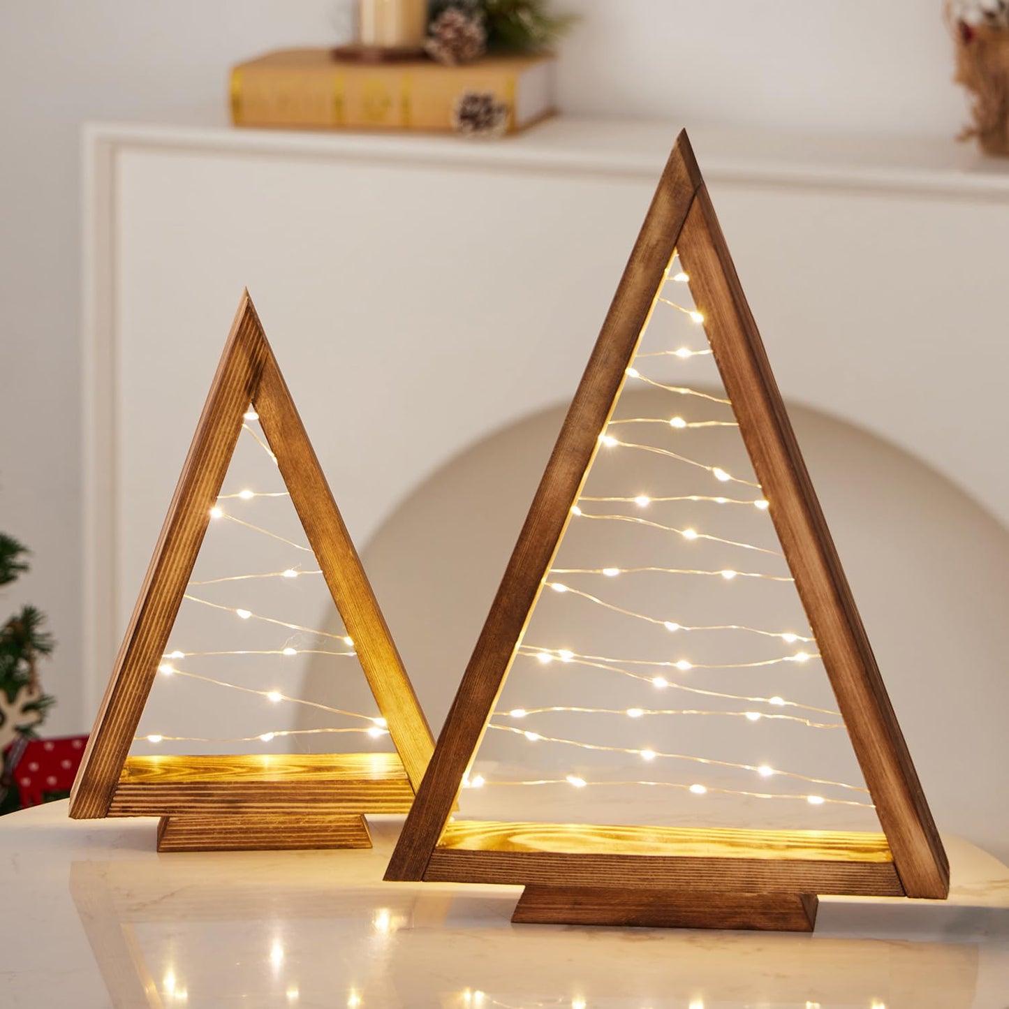 Mokof 2 Pack Wood Tabletop Christmas Trees with Lights, Christmas Decorations Indoor, Modern Farmhouse Christmas Decor Small Trees for Table, Mantle, Shelf (13.4" and 10" Tall)