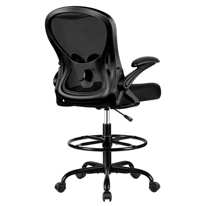 Winrise Drafting Chair, Tall Office Chair Ergonomic Standing Desk Chair, Lumbar Support Computer Chair Swivel Task Rolling Chair with Adjustable Flip-up Armrests & Foot Ring (Black)