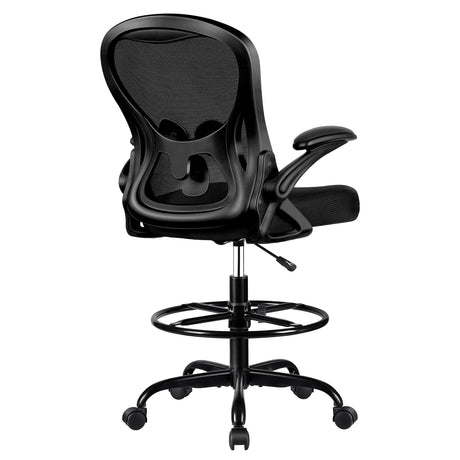 Winrise Drafting Chair, Tall Office Chair Ergonomic Standing Desk Chair, Lumbar Support Computer Chair Swivel Task Rolling Chair with Adjustable Flip-up Armrests & Foot Ring (Black) Winrise