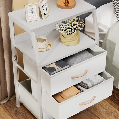 Furnulem White Nightstand with 3 Drawers and 2-Tier Shelf, Small Night Stand End Table Side Furniture, Fabric Storage Organizer for Bedroom, Closet, Hallway, Nursery, Sturdy Steel Frame, Wood Top Furnulem