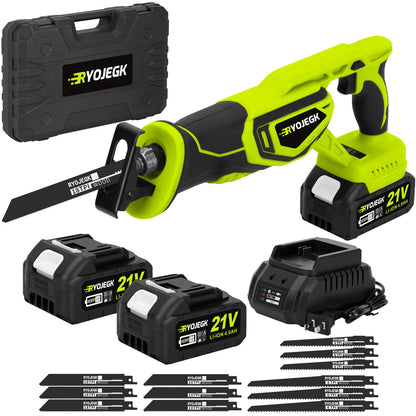 RYOJEGK 21V Cordless Reciprocating Saw, Brushless 27mm Saw with 2 x 4.0Ah Battery & 12 Saw Blades, 3500 SPM Power Cordless Saw, Tool-Free Blade Change recíproca for Wood & Metal Cutting - WoodArtSupply