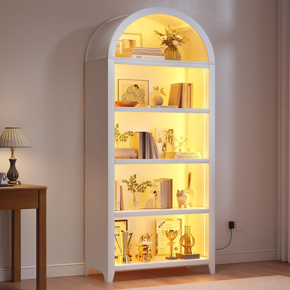 SKKTKT Arch Bookcase - 5 Tiers Bookshelf with 3 Colors LED Sensor Lights and Thickened Wooden Design Display Shelf for Lego Books Bathroom Living Room - Ideal Gift (White) SKKTKT