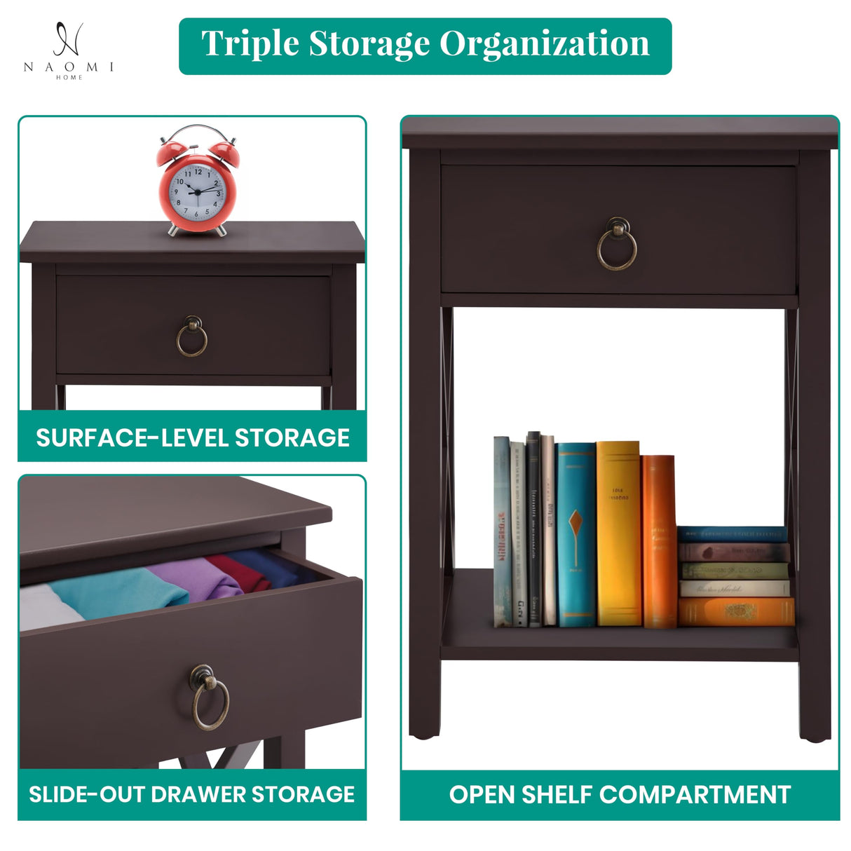 Naomi Home Eily Small Night Stand, Bedside Table with Drawers and Shelf, Sleek Bedroom Nightstand with X-Design for Small Spaces, Offices, Living Rooms - Espresso Naomi Home