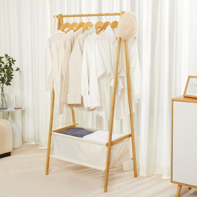 Cozivolife Bamboo Clothes Rack with Storage Box, Garment Rack Clothing Racks for Hanging Clothes, Foldable Wardrobe Storage Rack for Entryway and Bed Room (Natural)
