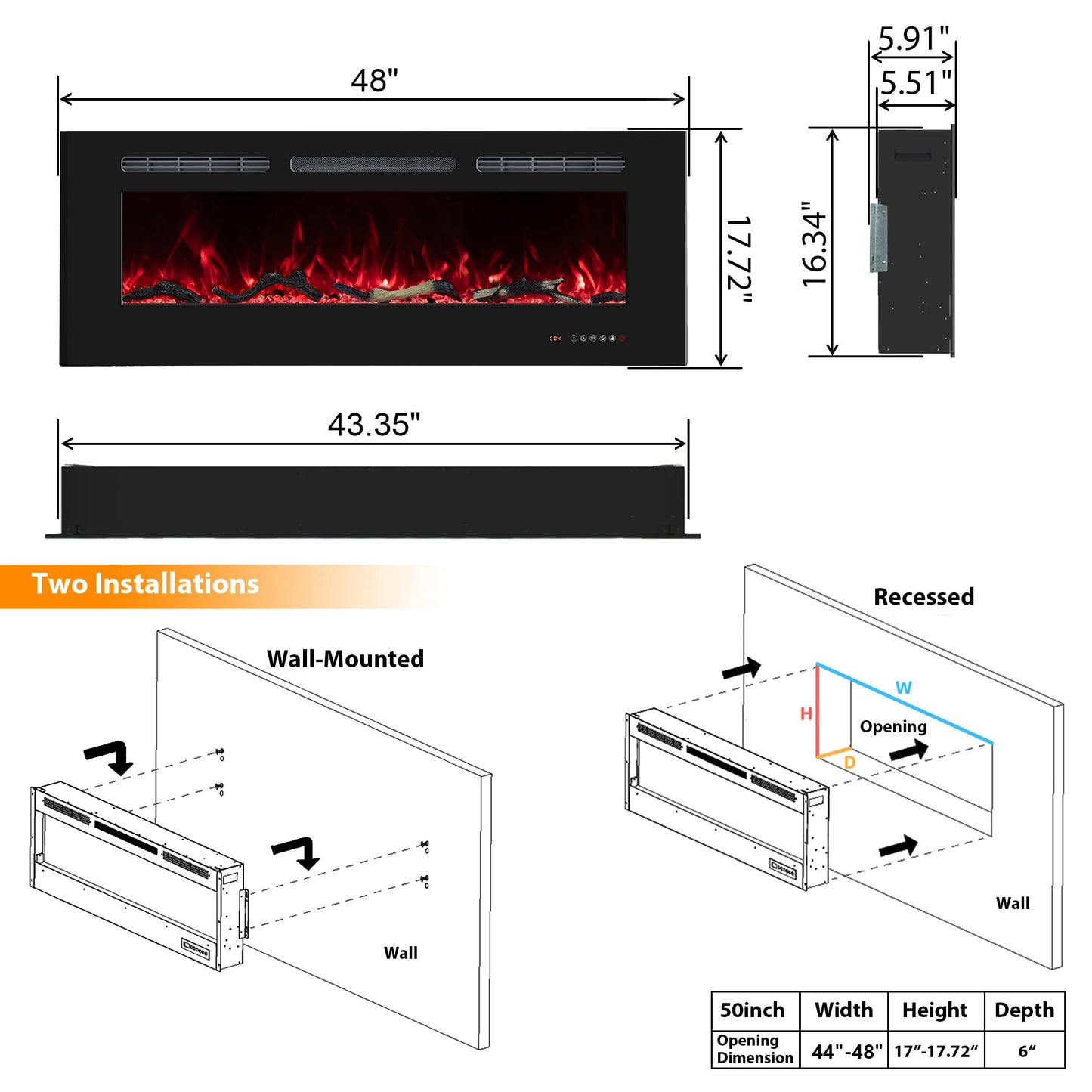 Oxhark Flame 48inch Electric Fireplace in Wall Recessed and Wall Mounted Fireplace Electric, 13 Flame Colors, Realistic Logs &Crystals Fuel Bed, Adjustable Temperature and Timer, 750W/1500W, Black