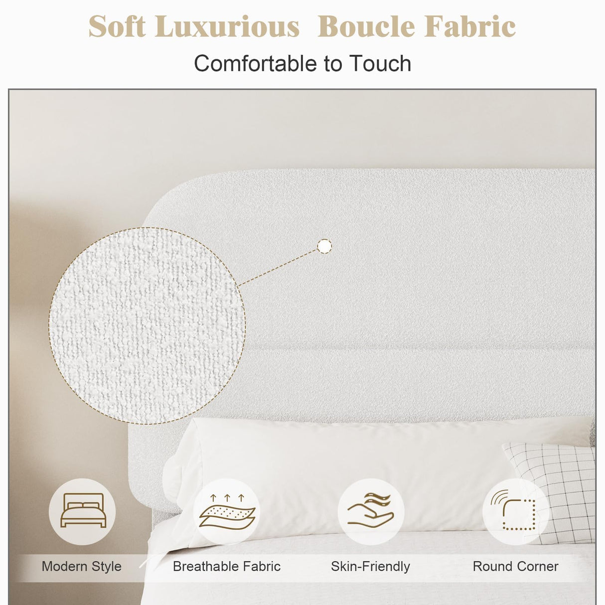 HOMBCK Twin Bed Frames Boucle Upholstered Platform Bed Frame Twin Size with Headboard for Kids/Thickened Footboard/Rounded Corners/No Box Spring Needed/Easy Assembly, White HOMBCK