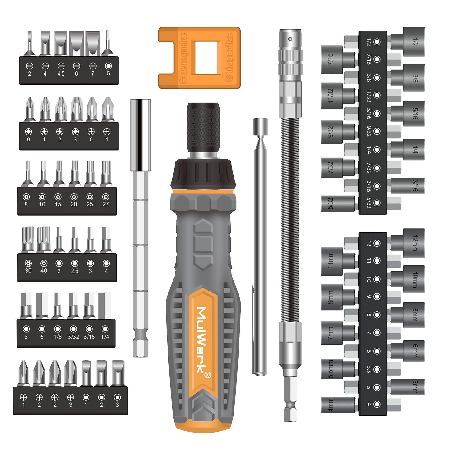 MulWark 63PC Magnetic Ratcheting Screwdriver Bit Set- Multibit Screw Driver, Screwdriver Bits- Slotted/Torx/Hex/Pozi/Philips/Square, Nut Drivers- SAE, Metric - WoodArtSupply