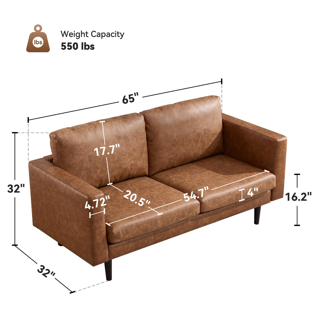 Kingfun 65" Loveseat Sofa, Faux Leather Love Seat Couch, Mid Century Modern Couch with Solid Wooden Frame for Living Room & Bedroom in Small Spaces, Brown Kingfun