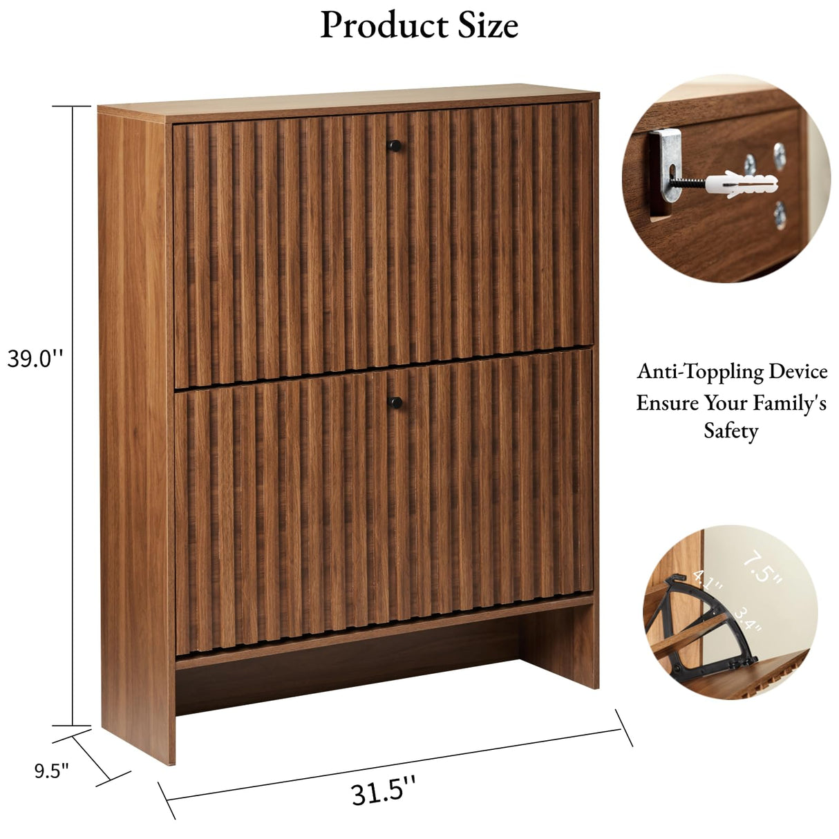 BVXBVX 31.5''W Walnut Shoe Storage Cabinet for Entryway with 2 Flip Drawers, Fluted Slim Shoe Cabinet, Free Standing Wooden Shoes Organizer for Foyer, Hallway BVXBVX