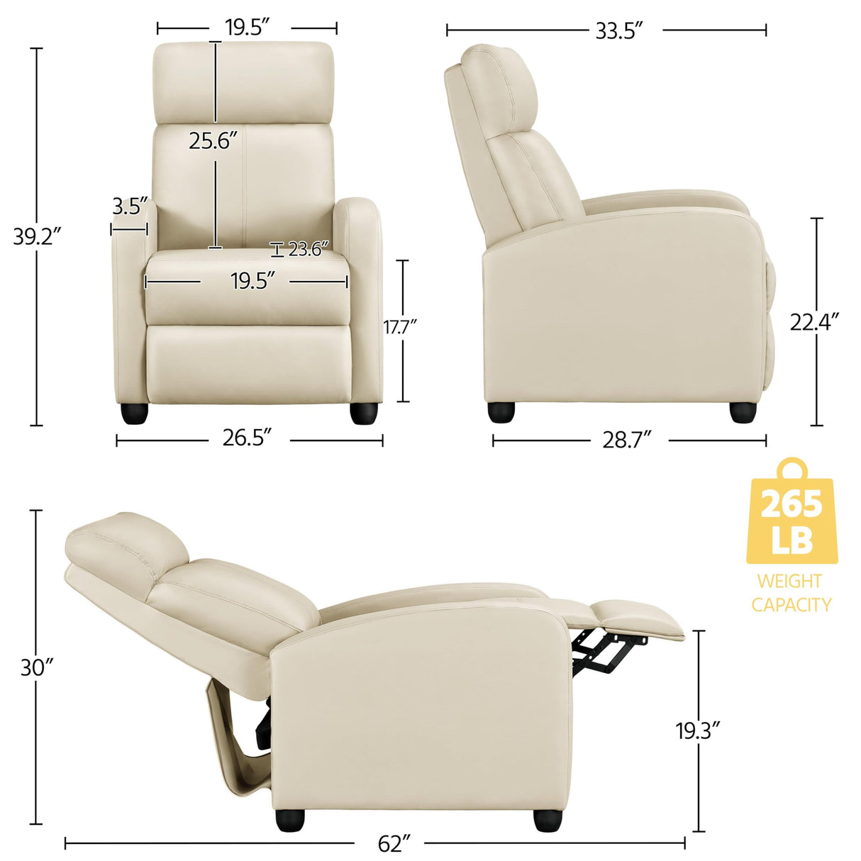Yaheetech Recliner Chair PU Leather Recliner Sofa Home Theater Seating Adjustable Modern Single Reclining Chair Sofa with Pocket Spring Living Room Bedroom Beige Yaheetech
