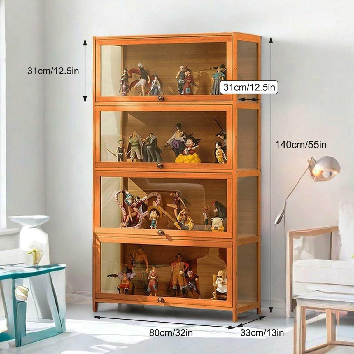 Curio Display Cabinet, 4-Tier Tall Bookcase with Acrylic Flip Door, Collectibles Toy Organizers Rack & Display Shelf, Bookshelf and Bookcase for Playroom, Bedroom, Office,Wooden,140×80cm/55×32in Generic