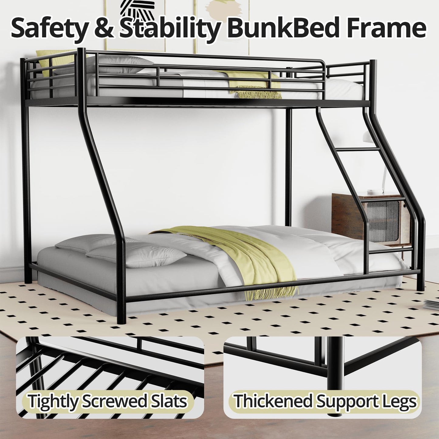 TURRIDU Twin XL Over Queen Bunk Bed, Heavy Duty Metal Bunk Bed Frame with Full-Length Guardrails & Ladders, Bedroom Bunk Bed for Teens, Adults, Noise Free, Black