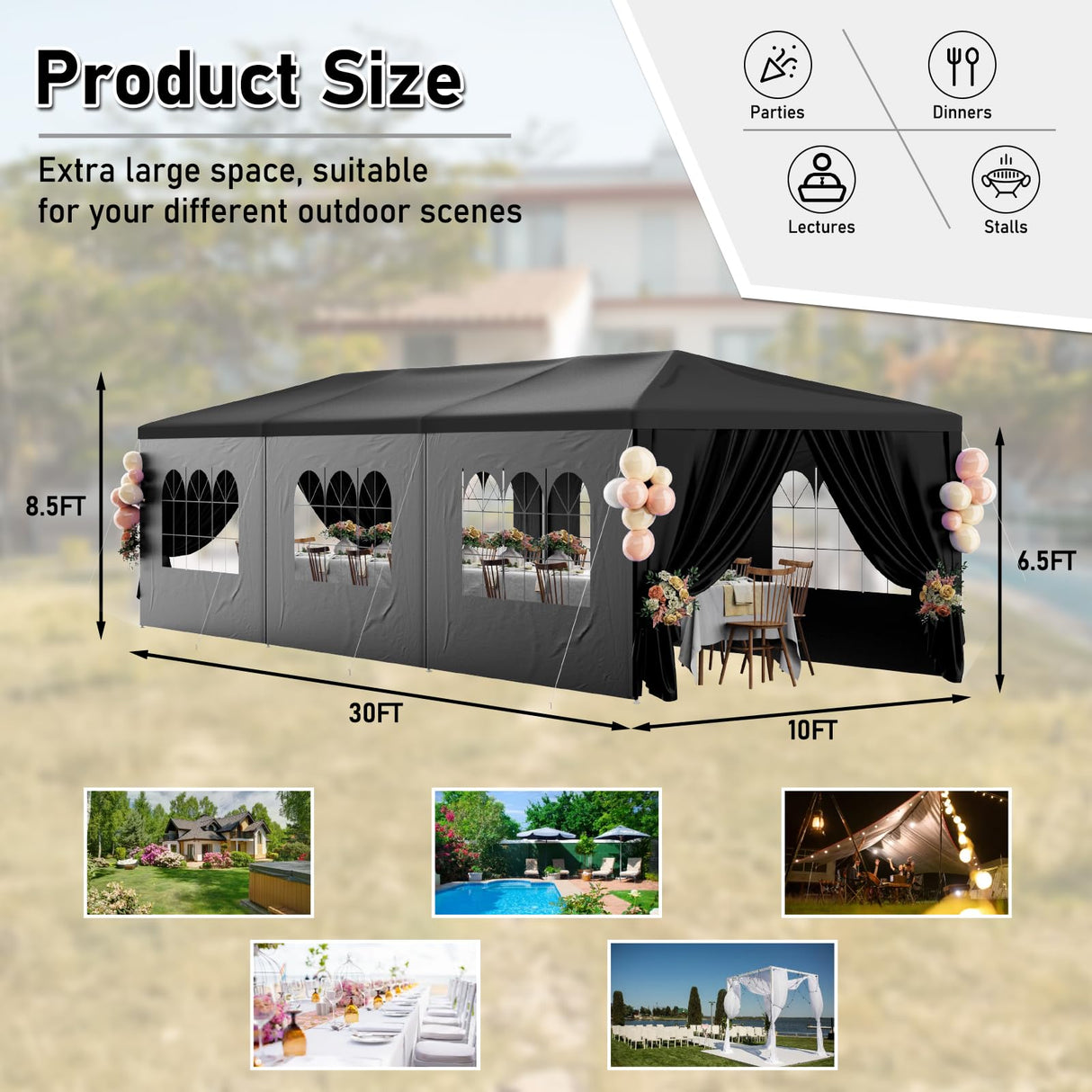 10x30FT Black Party Tent Outdoor Canopy Tent Heavy Duty Wedding Tent Waterproof Patio Gazebo Event Tents for Parties with 8 Removable Sidewalls Perfect for Holiday Birthday Graduation BBQ susici