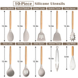 E-far Silicone Cooking Utensils Set, 10-Piece Heat Resistant Kitchen Utensils Set with Wooden Handle for Nonstick Cookware, Kitchen Nonstick Tools Spatula Whisk Tongs Ladle, Non-toxic & Healthy(Khaki) E-far