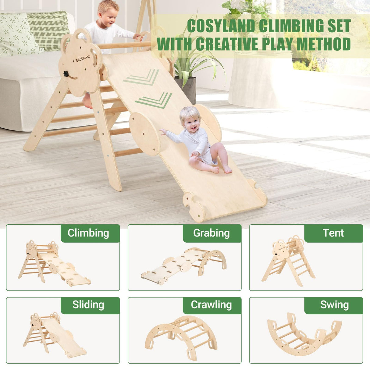 COSYLAND Pikler Triangle Set 8 in 1, Foldable Pickler Climbing Set Wooden Montessori Climbing Gym Set, Large Indoor Climbing Toys for Toddlers 1-6 Inside, Patented Baby Climbing Gym CPC Certified, Nat COSYLAND