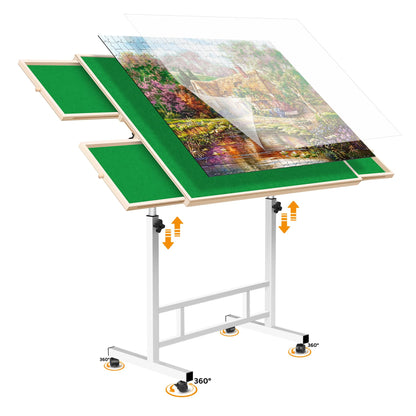 1500 Piece Puzzle Table with Drawers, Jigsaw Puzzle Tabe with 4 Wheels, 360° Adjustable Angle and Height, Tilting Puzzle Table for Adults with 4 Drawers and Lid, Birthday Gift for Mom and Elderly