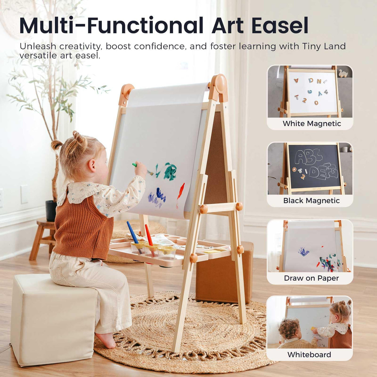 Tiny Land Easel for Kids, Double-Sided Magnetic Easel, Adjustable Wooden Kids Art Easel with Paper Roll, Learning-Toy for 3,4,5,6,7,8 Years Old Boy & Girls Tiny Land
