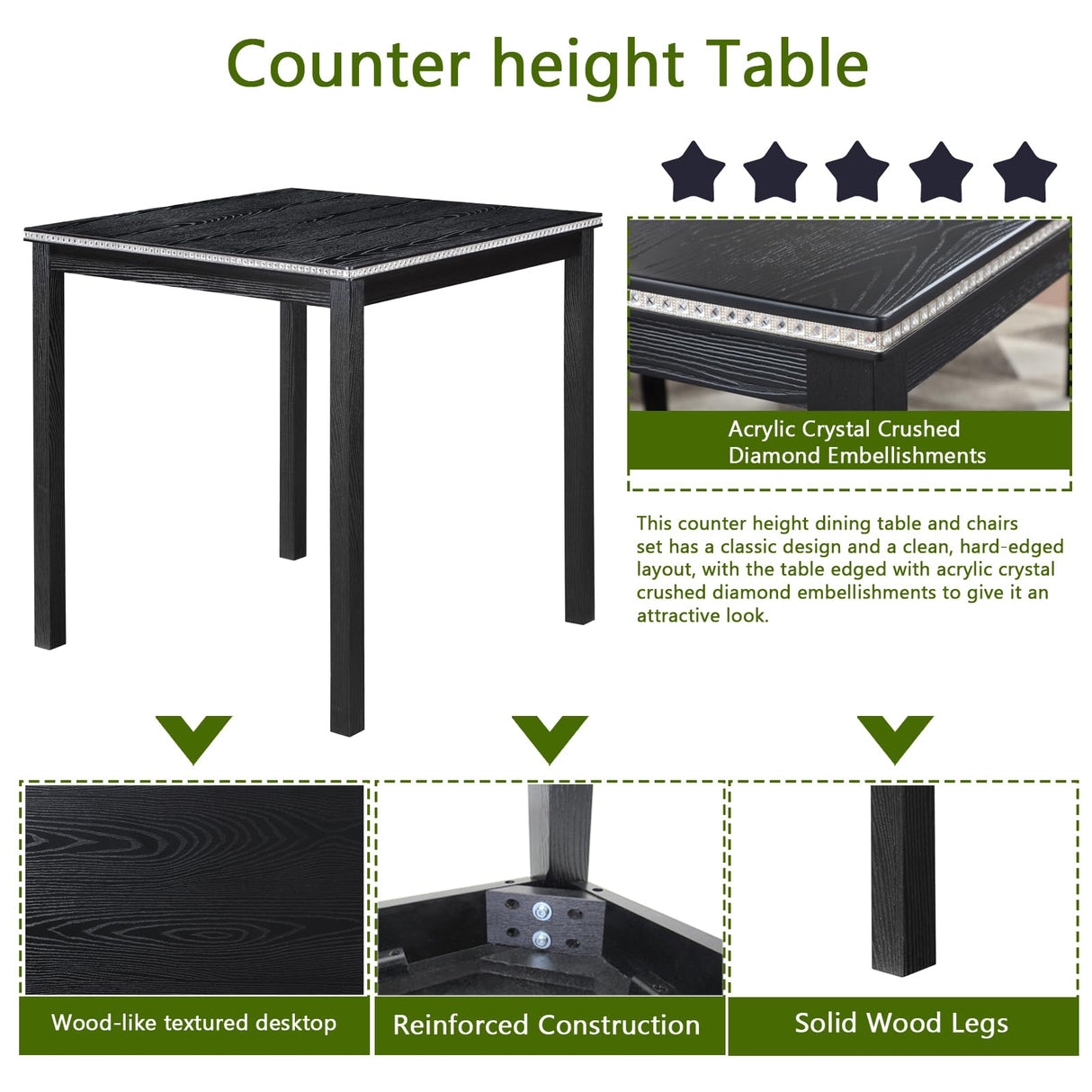 KEIKI 5-Piece Counter Height Dining Table Set with Square Table and 4 Upholstered Chair, for 4 Person, Classic Style Crystal Decoration Wooden Table Set, Easy Assembly, for Kitchen, Dining Room, Black KEIKI