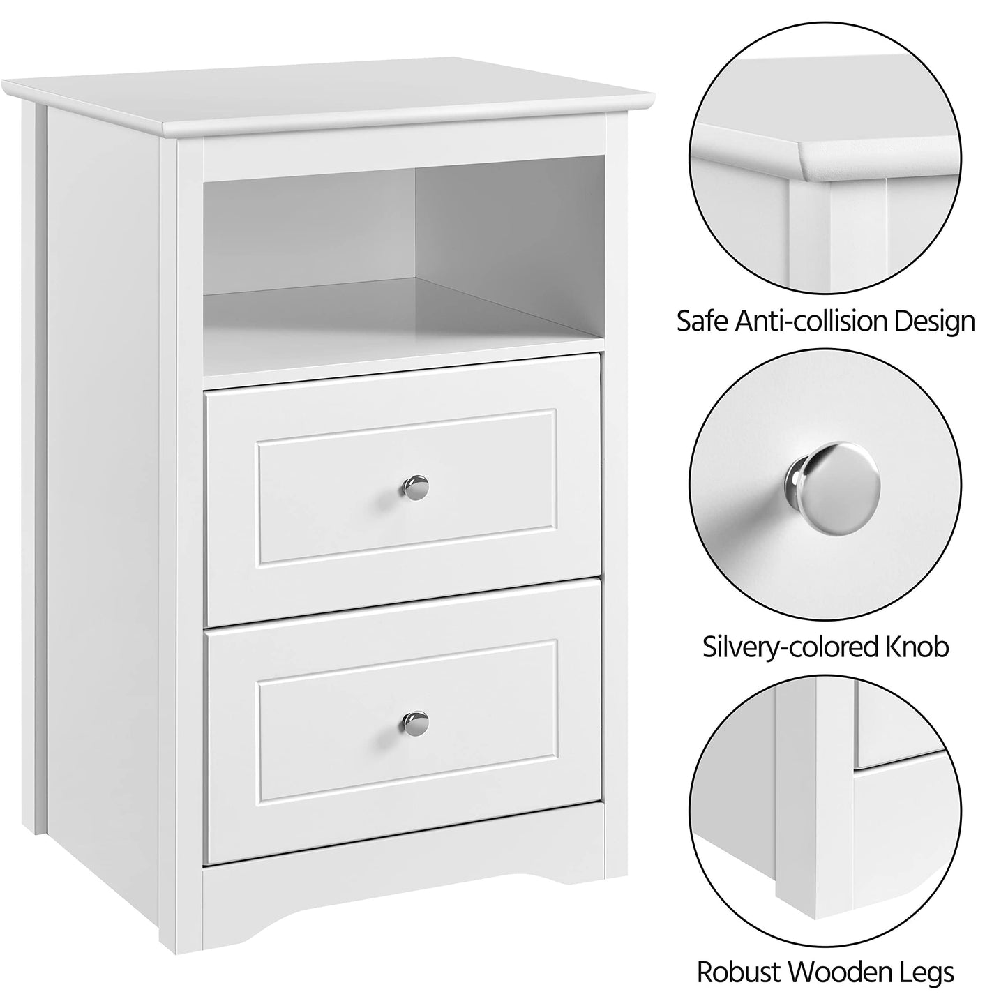 Yaheetech Bedside Table Set of 2, Tall Nightstand with 2 Drawer and Cubby, Wooden Bedside Table for Bedroom Small Space, Tall Bedside Cabinet Telephone Table, 16″ D × 19″ W × 29″ H, White