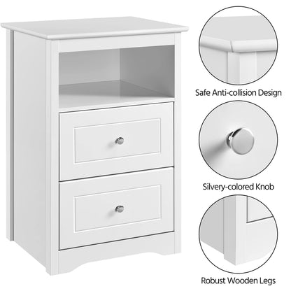 Yaheetech Bedside Table Set of 2, Tall Nightstand with 2 Drawer and Cubby, Wooden Bedside Table for Bedroom Small Space, Tall Bedside Cabinet Telephone Table, 16″ D × 19″ W × 29″ H, White