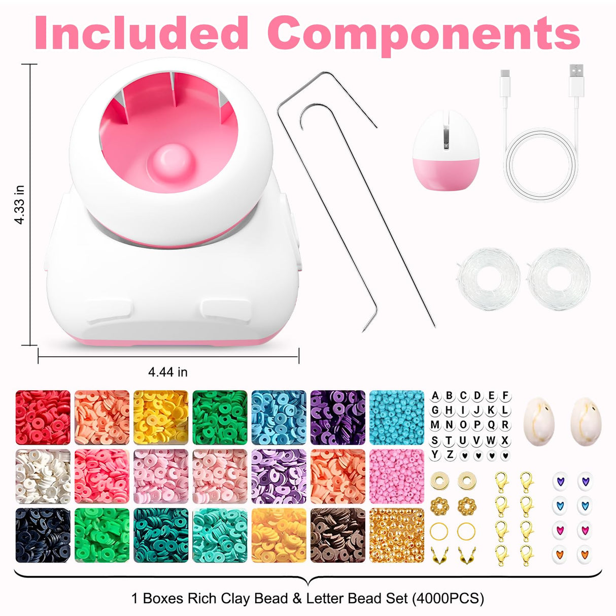 Electric Bead Spinner, Cordless Automatic 2-in-1 Clay Bead Bracelet Making Kit with 4200 PCS Clay Beads, Letter Bead, Seed Bead, Beading Needle and Thread Bracelet Maker for Jewelry, Craft Gift Choice Pskfvre