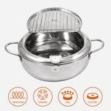 Kerilyn Deep Fryer Pot, 11 Inch/4.2 L Janpanese Style Tempura Frying Pot with Lid, 304 Stainless Steel with Temperature Control and Oil Drip Drainer Rack, for Kitchen French Fries, Chicken etc Kerilyn