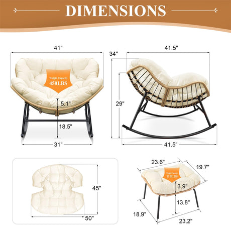 FINCATI Egg Rocking Chair with Ottoman Set of 2, Comfy Oversized Papasan Lounge Chairs with Padded Cushions, Double 2 Person Patio Rocker, Reading Glider for Indoor Outdoor Balcony Living Room, Beige FINCATI