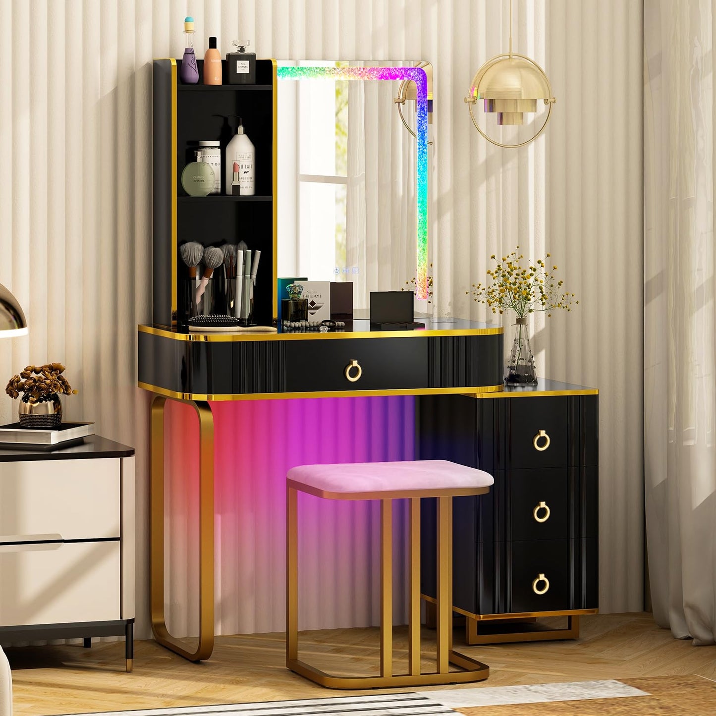 CHARMAID RBG LED Makeup Vanity Table, Colorful Lighted Mirror, 7 Dynamic & 7 Static Modes, 3-drawer Chest, 3 Shelves, Large Drawer, Girls Vanity Desk Dressing Table with Stool