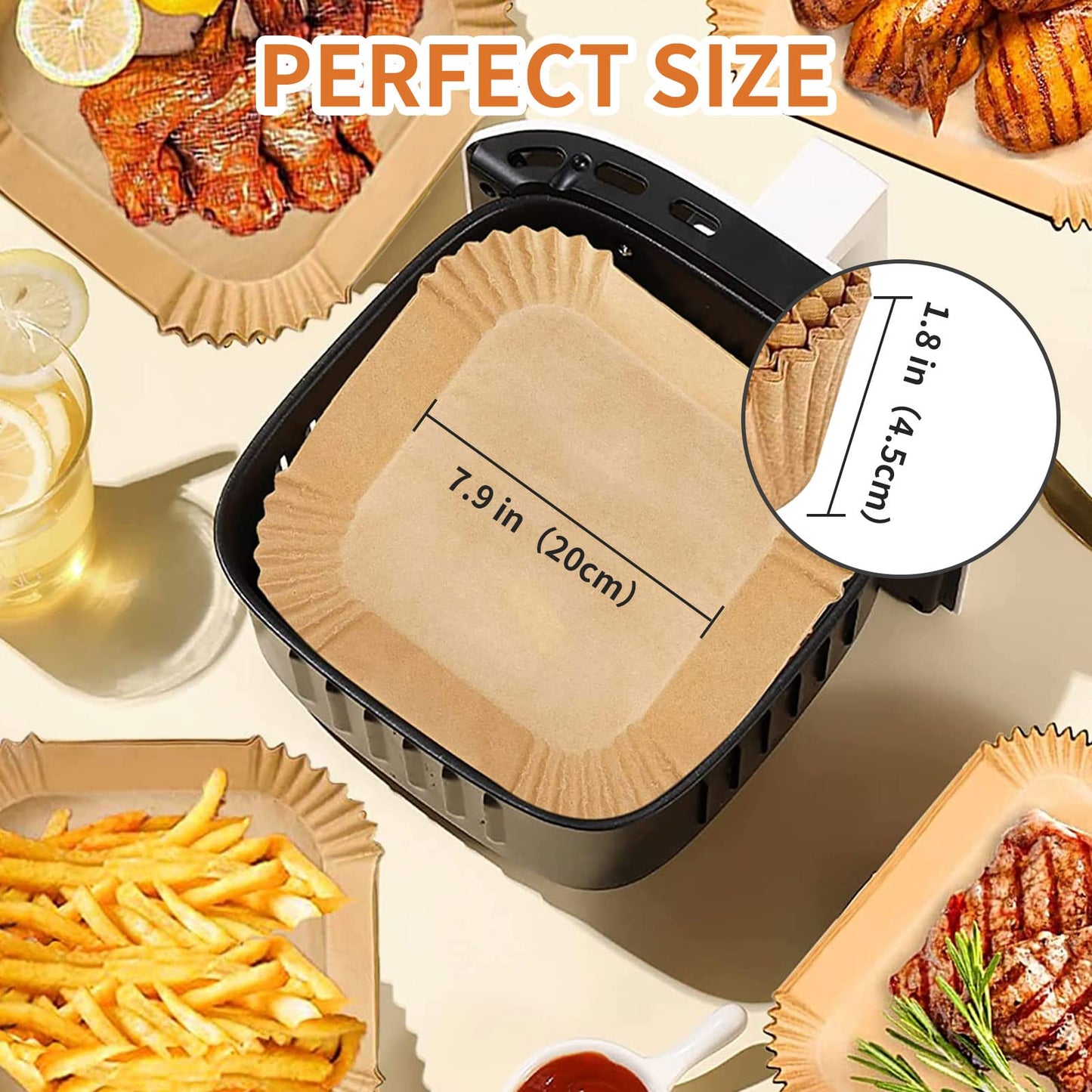 Air Fryer Liners Disposable Square, 100PCS 7.9 INCH Airfryer Liners, Natural Non-stick Parchment Paper for Air Fryer Oil-proof Water-proof, Paper liners for air fryer, Steamer, Baking, Microwave Etc