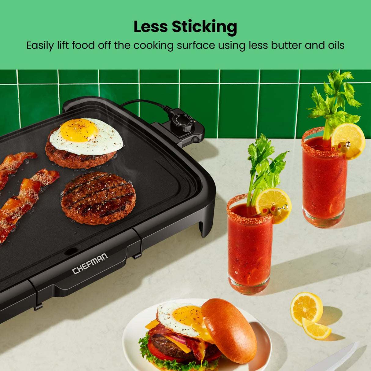 Chefman XL Electric Griddle with Removable Temperature Control, Immersible Flat Top Grill, Burger, Eggs, Pancake Griddle, Nonstick Extra Large Cooking Surface, Slide Out Drip Tray, 10 x 20 Inch Chefman