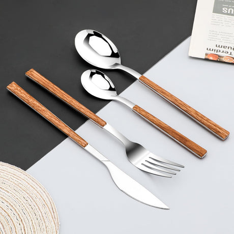 Stainless Steel Flatware Set for 4, Cutlery Utensils Set with Simulated Wooden Handle Include Knives Forks Spoons Service for 4, Mirror Polished and Dishwasher Safe (Silver) SNBNX